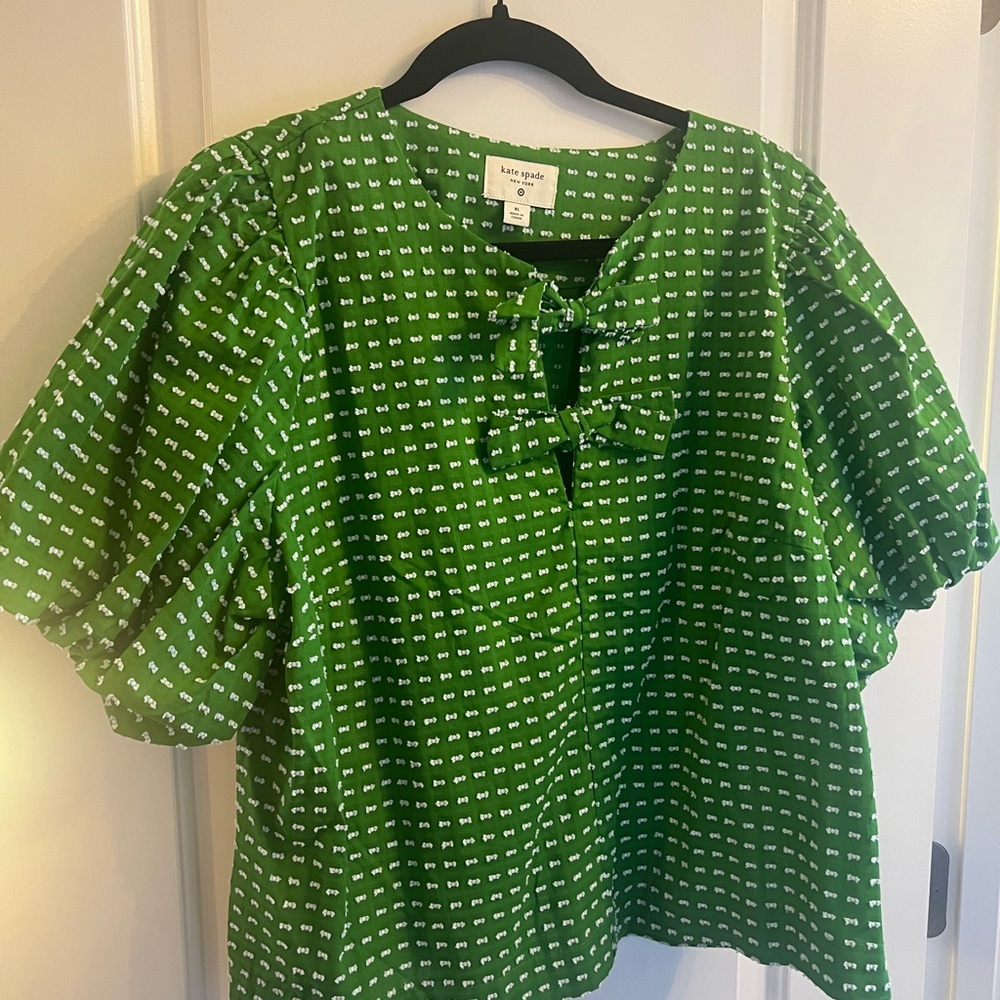 Kate Spade Green Tie Front Blouse with Bib Collar
